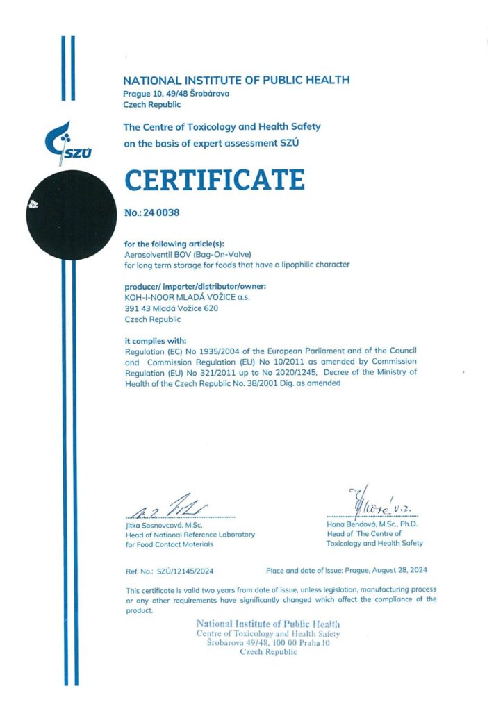 Bag-on-valve - food certificate - KOH-I-NOOR Mlada Vozice a.s.