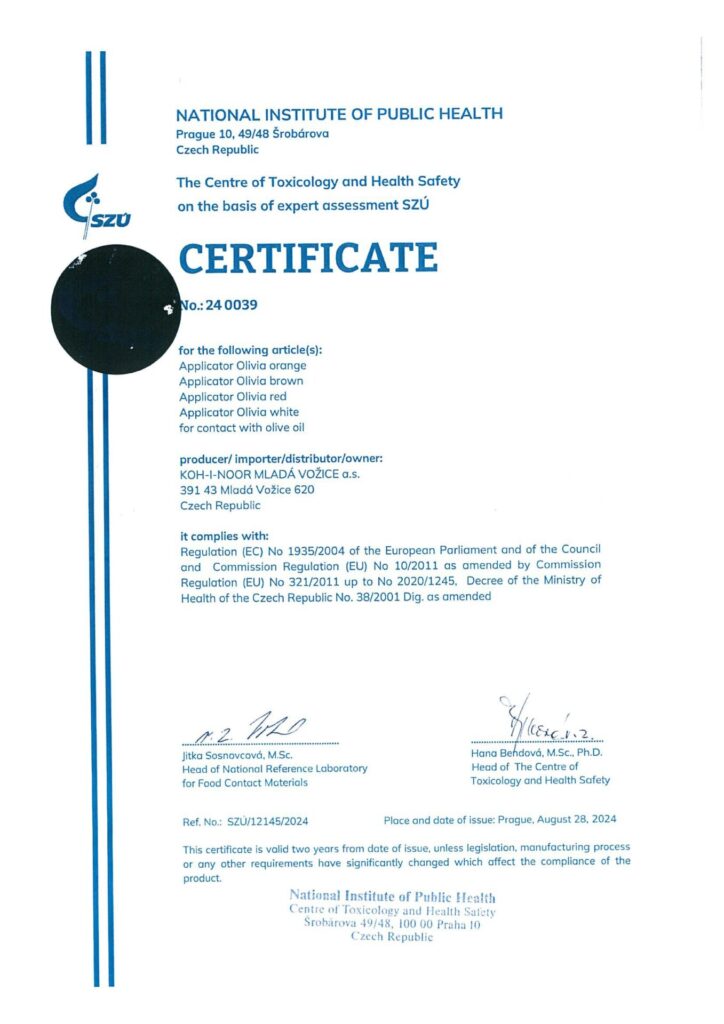 Certificate - food industry - KOH-I-NOOR Mlada Vozice a.s.